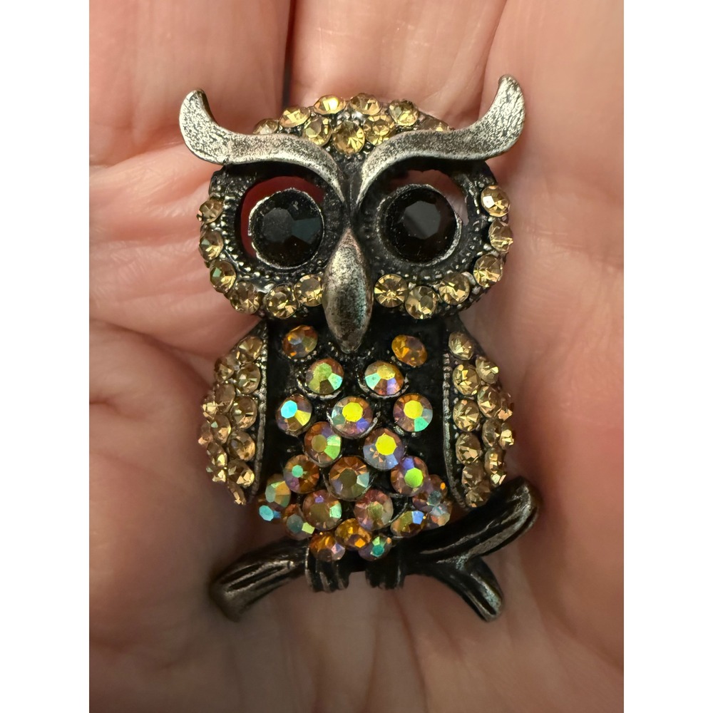 Owl Brooch Silver Tone Amber AB Rhinestone Whimsical Woodland Jewelry Fairy Bird